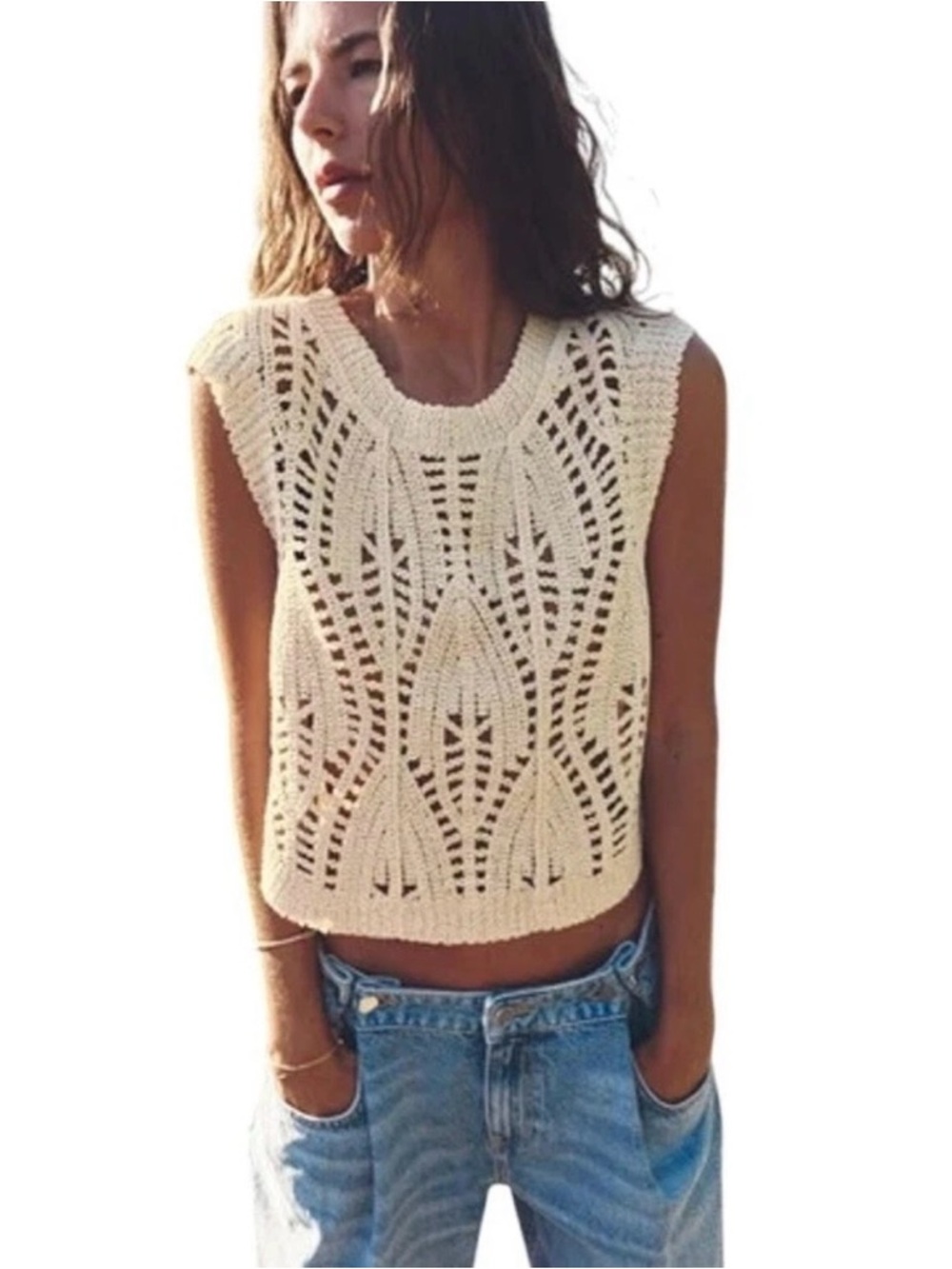 ZARA Women Crop Top S Beige Cable Knit Crochet Sleeveless Round Neck Relaxed Fit